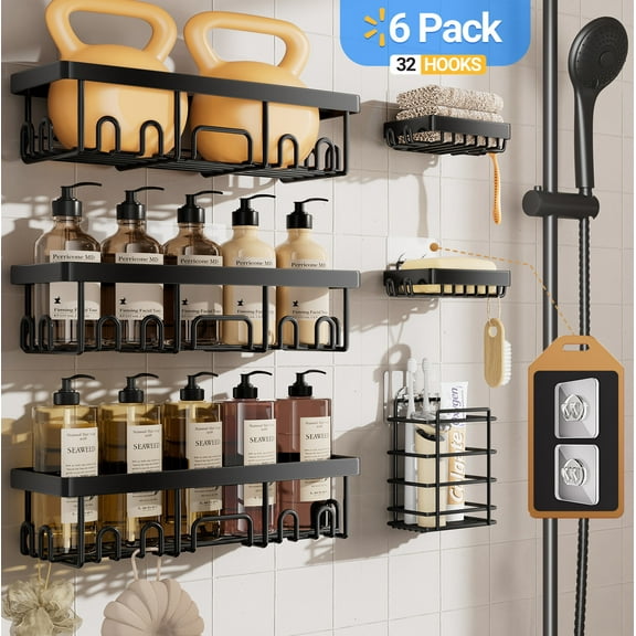 Veken 6 Pack Shower Caddy Rust-resistant Steel, No Drilling & Rustproof, Waterproof Adhesive Shelves Rack with Soap Holder, Large Capacity Bathroom Organizers and Storage, Wall-Mounted Kitchen Decor