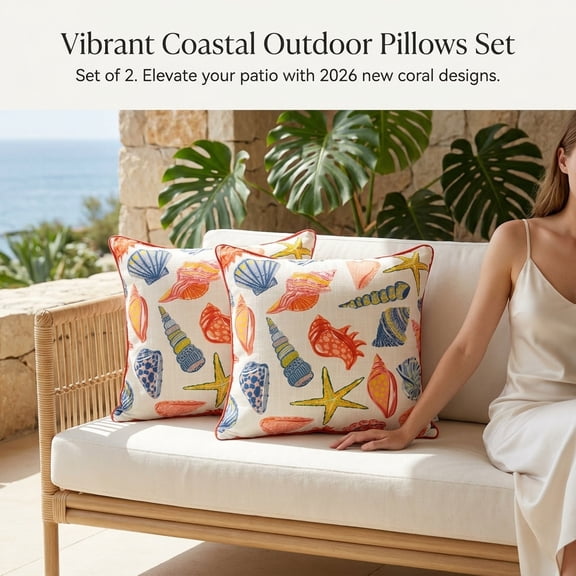 Outdoor Throw Pillows Set of 2, 18x18 Coastal Seashell Patio Pillows, Weather Resistant Polyester, Multi Color