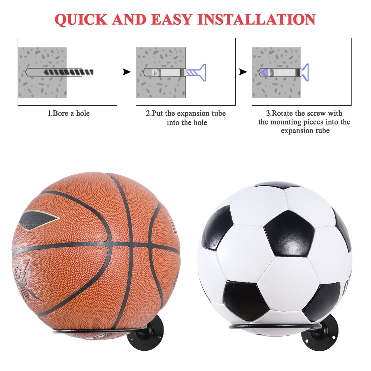 2*Ball Holder Wall Mount Rack Display for Football Basketball Soccer Volleyball 