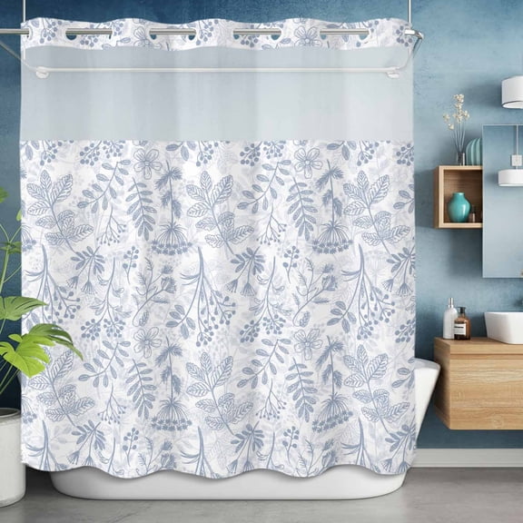 No Hook Shower Curtain with Snap in Liner, Grey Lavender and Dandelion Waterproof Fabric Bathroom Curtain Mesh Top Window, Seamless Botanical Flower Shower Curtains 72x72in