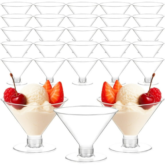50 Pcs Disposable Martini Glasses, 150 ml/5 oz Plastic Clear Glasses, Trapezoid Plastic Cups, Ideal for Parties, Desserts, Ice Cream, and More
