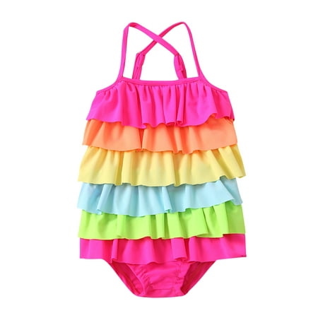 

Springcmy Infant Toddler Girl Swimsuit Rainbow Colorful Romper Sleeveless Bathing Suit Braces Ruched Summer One Piece Set Rainbow 3-4 Years