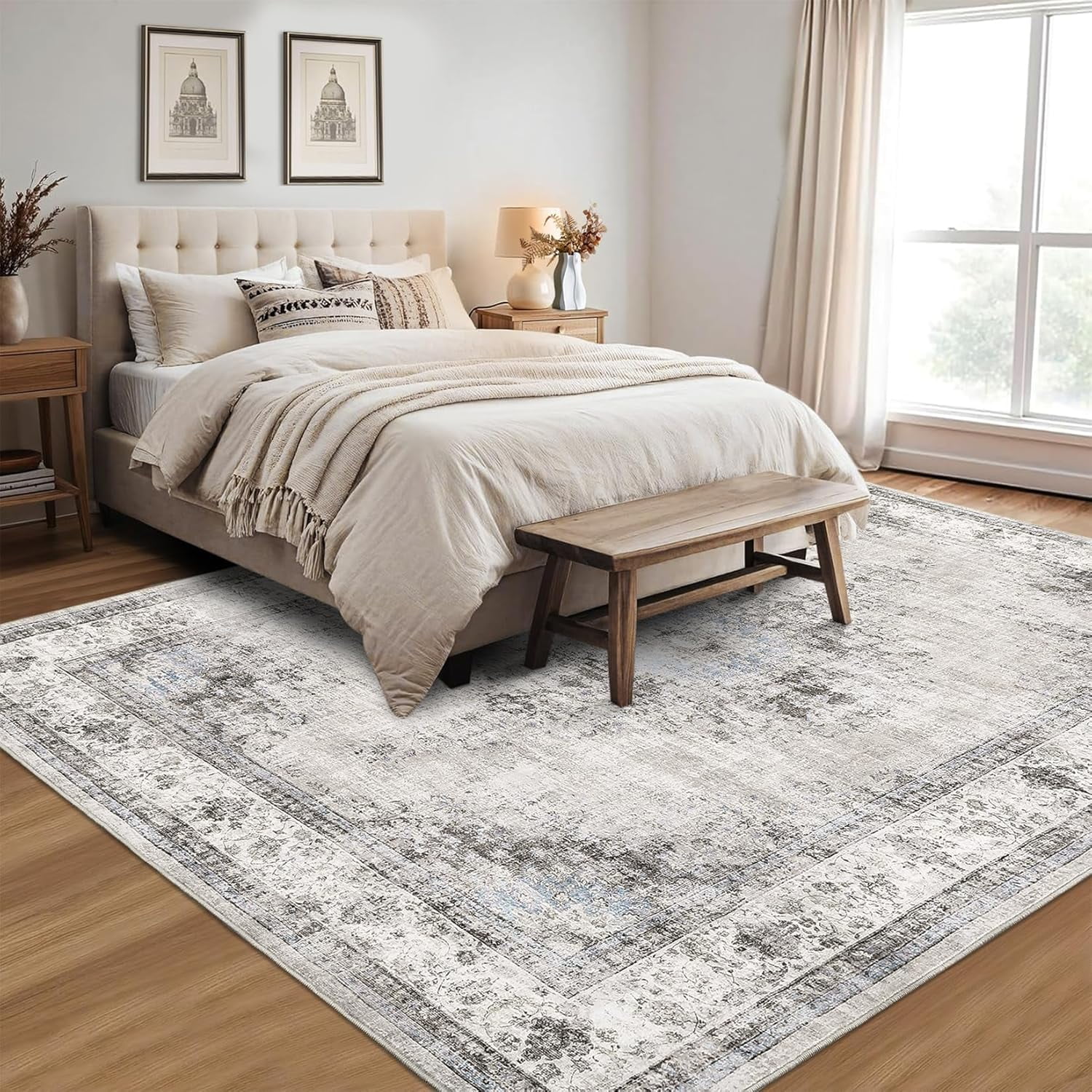 Bedroom Area Rug 5x7 Vintage Distressed Living Room Area Rug Non Slip Low Pile Large Dining Room Rug Soft Oriental Throw Carpet Machine Washable Rugs for Home Office Entryway, Beige