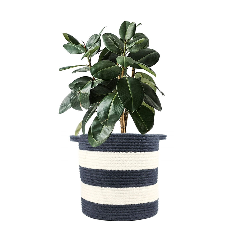 A*Homeist Medium Size Cotton Rope Storage Baskets Baby Laundry Hamper with Handles,  12.2x11.8",  Navy Blue and White