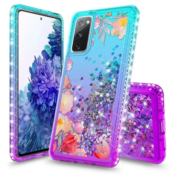 Bemz Liquid Quicksand Case for Samsung Galaxy S20 FE (with Touch Tool) - Watercolor Floral (Teal/Purple)