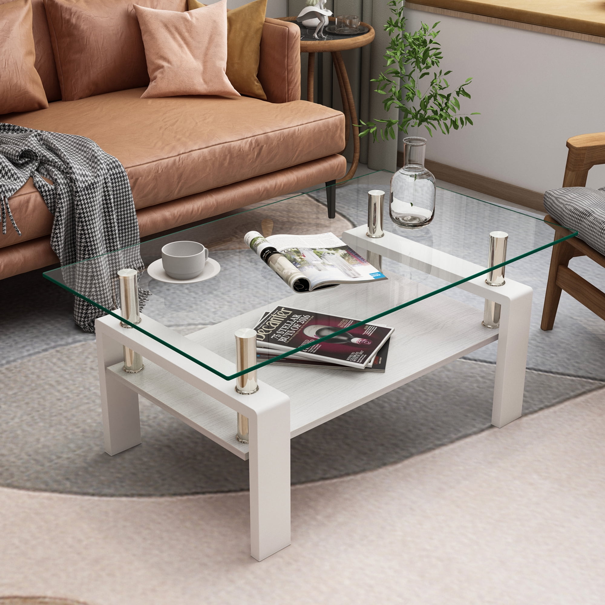 MAYEERTY Rectangle Coffee Table with Transparent Tempered Glass & MDF Shelf