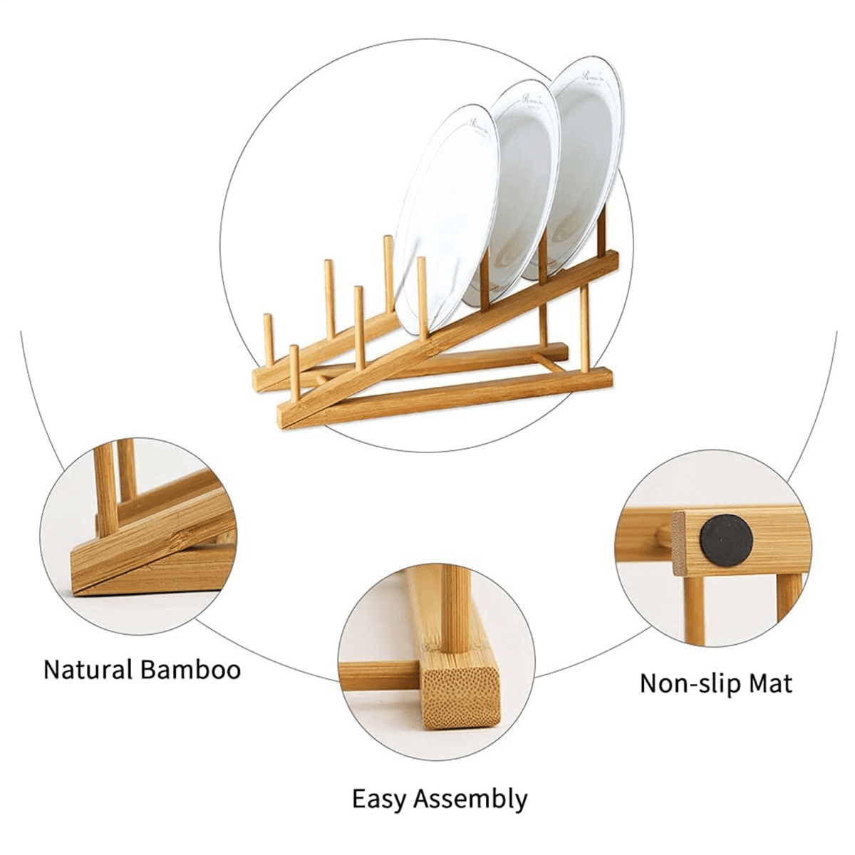 4 PCS Wooden Dish Rack Bamboo Plate Rack Stand Pot Lid Holder, Dish Drying Rack Kitchen Cabinet Organizer for Dish Plate,4 x Dish Rack,Wood color