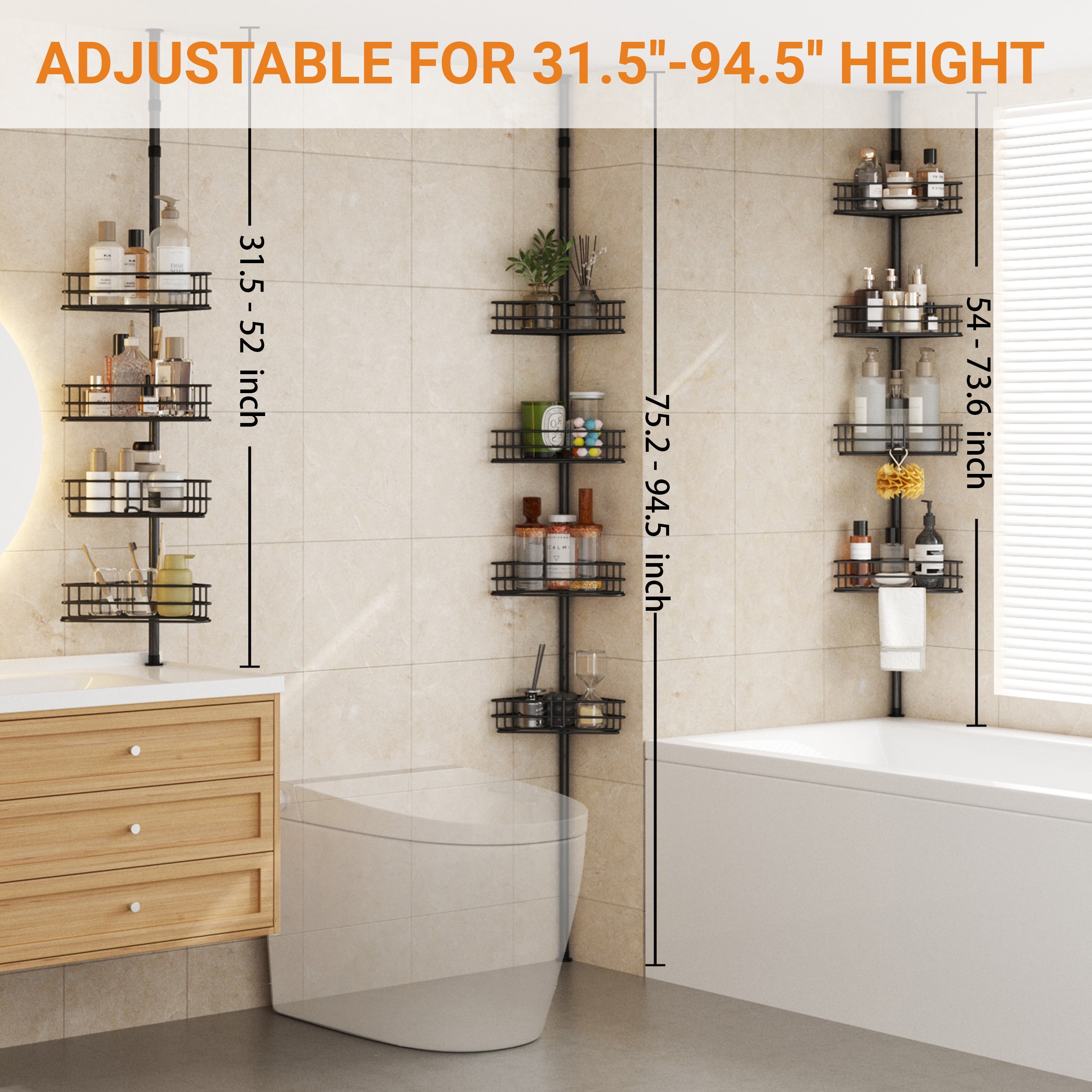 GARITIN Shower Caddy, Bathroom Shower Shelf Organizer, Corner Shower Racks for Inside, 4-Tier Adjustable Shelves with Tension Pole Bath Caddy Storage, Black