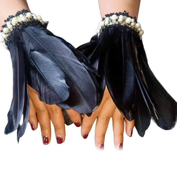 Muñequeras De Plumas Negras Vintage – Brazalete Gótico De Malla Y Encaje Para Disfraces De Halloween Y Cosplay