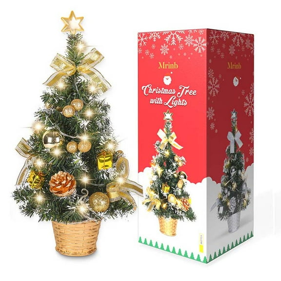 Pre-lit Tabletop Christmas Tree,Artificial Mini Green Christmas Tree Desktop Christmas Pine Tree with Christmas Ball Bow Pine Cone Hanging Ornaments,Christmas Decoration Tree Decor,18",Gold