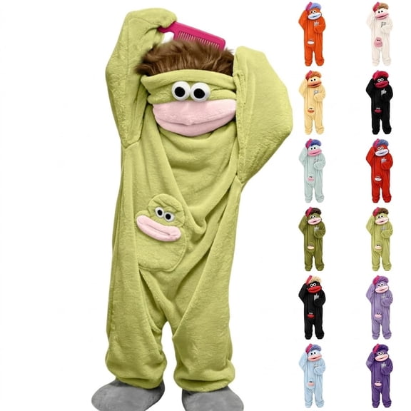 Big Mouth Monster Pajamas, Loungewear Outfit for Adults, Cozy Long Sleeve Pajama Clothing with Shoes and Comb for Home Relaxing, Parties and Gift Ideas,Light Green Xl