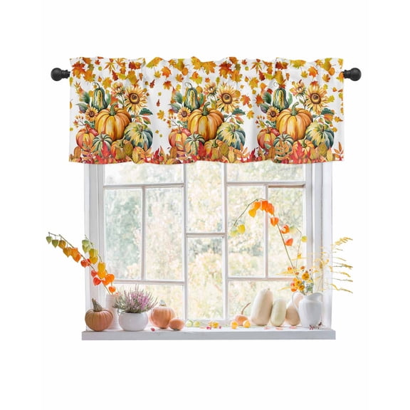 Valances for Windows, Watercolor Fall Orange Pumpkin Sunflower Maple Leaf Rod Pocket Short Window Valance Curtains Holiday Window Treatment for Kitchen Living Room Bathroom, 42"x18"
