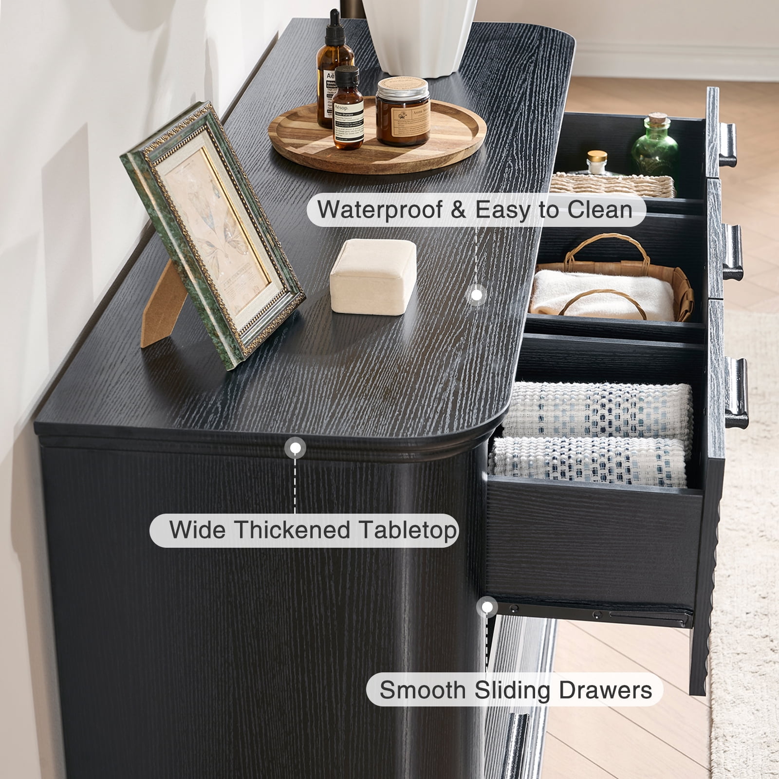 Hommoo Modern Wood Fluted 7 Drawer Dresser, 52" Wide Dresser Chest of Drawers with Curved Profile Design, Multifuctional Storage Organizer for Home, Black