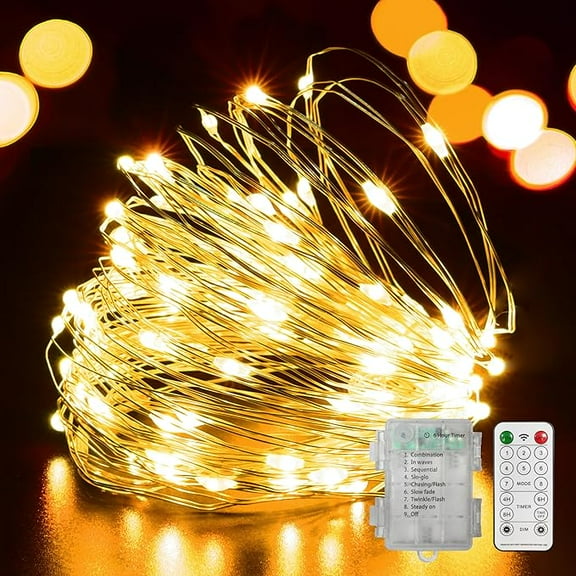 100 LED 33FT Fairy Lights Battery Operated with Remote, Mini Starry String Lights,Multi Functions & Timer, Twinkle Light for Christmas Home Bedroom Wedding DIY Centerpiece Decor,Warm White