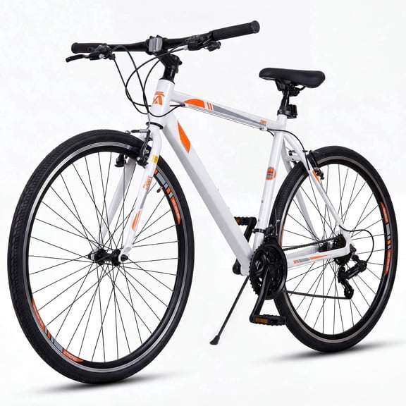 Hykolity Road Bike Hybrid Commuter Bicycle for Men Women Rider Height 64-74 in 700C Outdoor Cycling Bikes 27.5 Inch 21 Speed with Front and Rear V-Brake, Lightweight Aluminum, Flat Handlebar, White