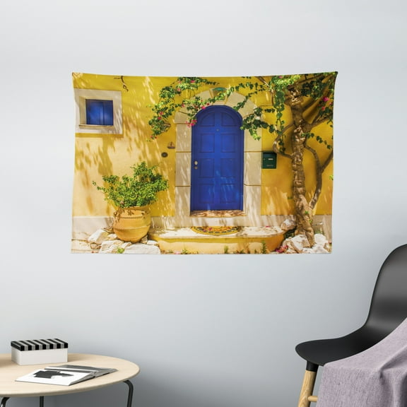 Yellow and Blue Tapestry, Traditional Greek House Door with Flowers and Tree Mediterranean Scenery, Wall Hanging for Bedroom Living Room Dorm Decor, 60W X 40L Inches, Multicolor, by Ambesonne