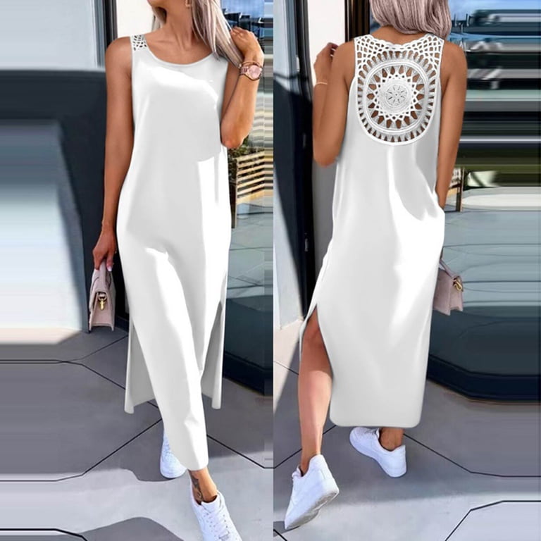 Womens Summer Dress Long Dress Casual Loose Maxi Dresses Beach Outfit 2024  Resort Women Summer Dress Sleeveless Hollow Out Lace Side Slit Summer Tank  Dress - Walmart.com