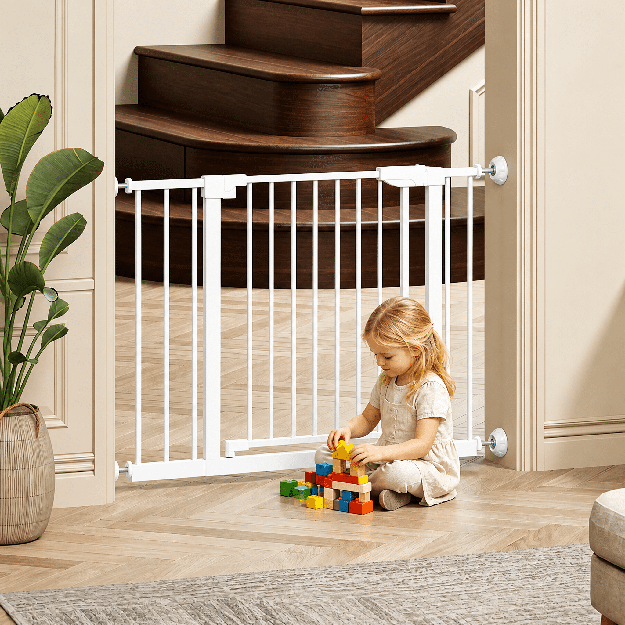 White Pressure Mounted Baby & Pet Gate 29.5"-45.3" Wide with Wall Protector, No Drill Walk Through Safety Gate for Doorways & Stairs