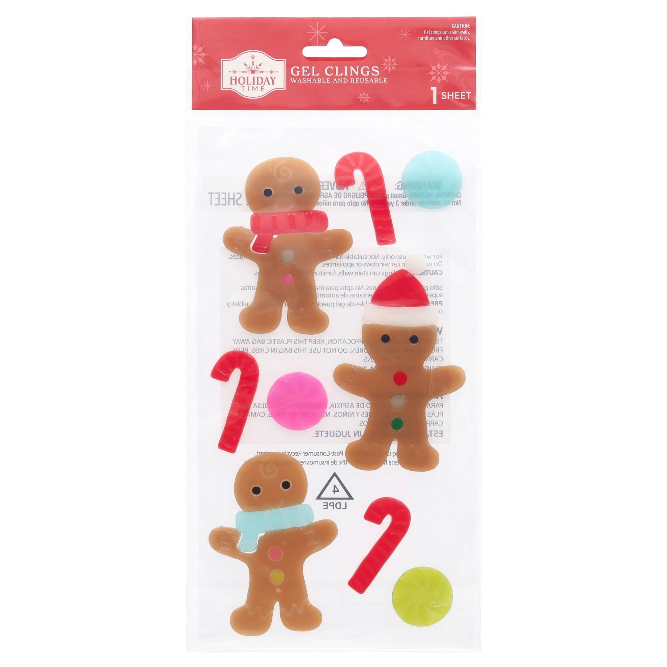 Gingerbread and Candy Cane Christmas Window Gel Clings, Multicolor, 5.5" x 12", by Holiday Time
