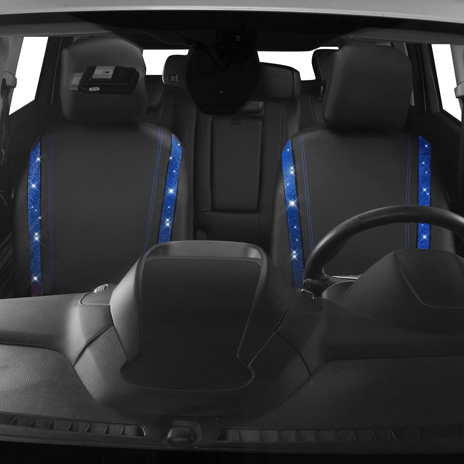 Car-Grand Bling diamond Rhinestone Leather car seat covers front pair shinning spark glitter crystal cute universal fit automotive glitter SUV truck sedan women girly Blue
