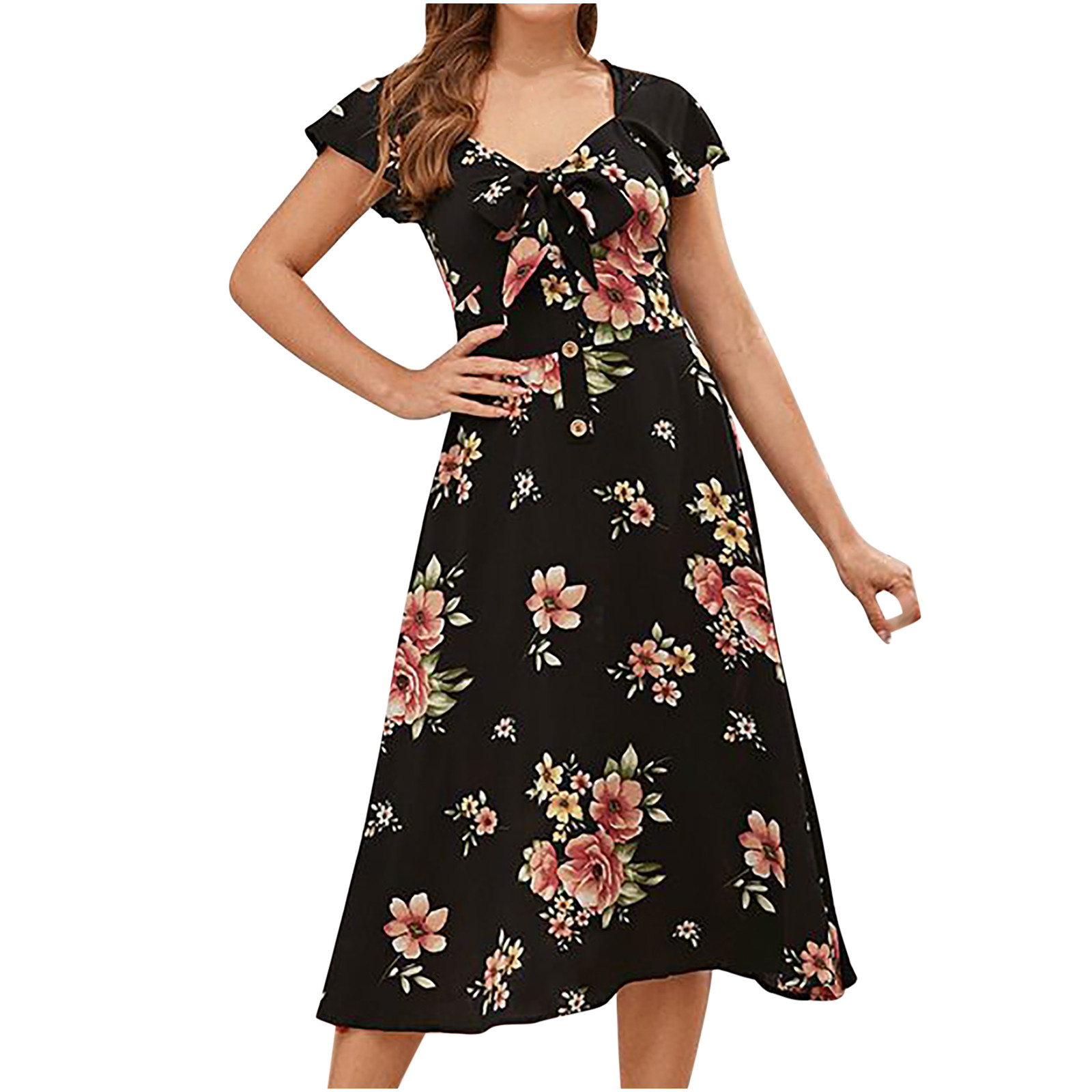 VSSSJ Women's Summer Dresses VNeck Retro Floral Print Bowknot Front