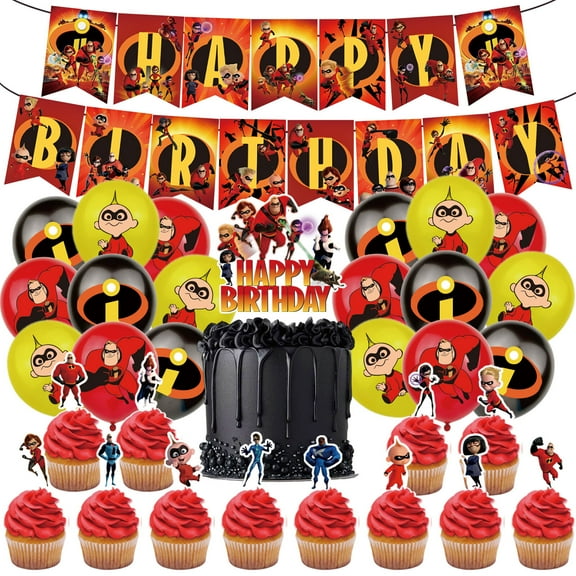 32 Pcs For The Incredibles Cartoon-Themed Party Decorations and Favors Set – Banner, 13 Cupcake Toppers, and 18 Balloons for Celebration Birthday Parties