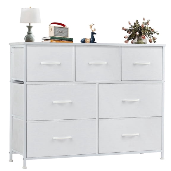 CONCETTA 7 Drawer Dresser for Bedroom, Tall Chest Organizer with Fabric Bins, Steel Frame, White