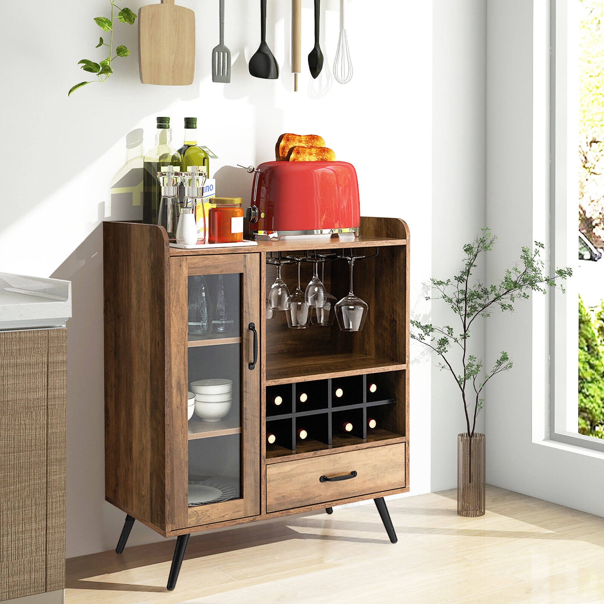Gymax Liquor Bar Cabinet Storage Buffet Sideboard Credenza w Wine Rack Glass Holder Walmart
