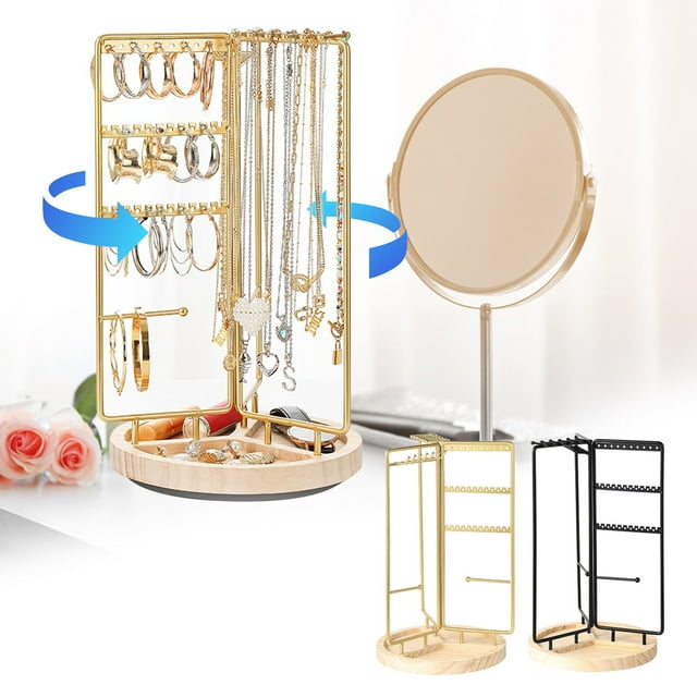 Expositor Giratorio de Metal para Joyas con Caja de Madera | Organizador Giratorio de 360° para Collares y Pendientes | Decoración Dorada para El Hogar (20 X 11 X 35 Cm)