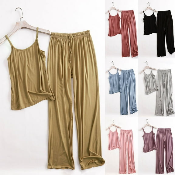 HVOBTTY Women's Suspender and Long Pants Pajama Sets, Pajama Sets for Women, Women's Solid Color Loose Camisole and Long Pants Homewear Two Piece Pajama Sets Black, XXL