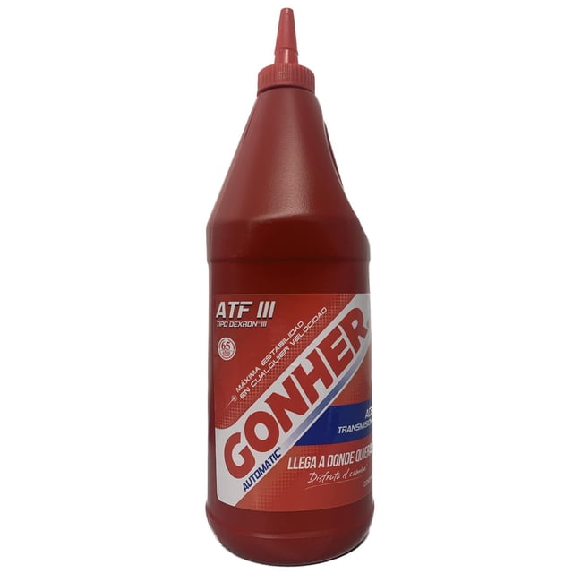 aceite de transmisión atf gonher 1 litro envase rojo con boquilla cónica, vista frontal centrada, etiqueta diagonal muestra GONHER, ATF III DEXRON III MERCON y texto que indica uso en transmisiones automáticas, 1 litro.
