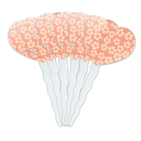 Peachy Flowers Heart Love Cupcake Picks Toppers Decoration Set of 6