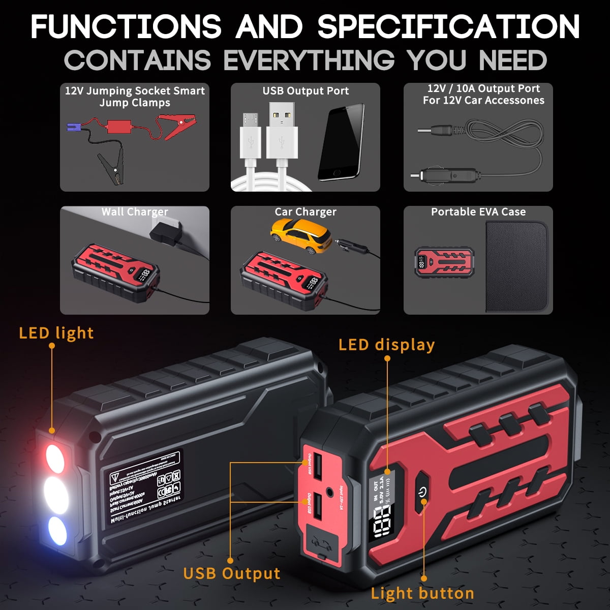 Portable Car Jump Starter, 4000A Peak 39800mAH Battery Jump Starter(for All Gas or Diesel Engine), 12V Auto Battery Booster w/ LCD Display&Indicator Jumper Cables, Portable Power Bank Charger&QC 3.0