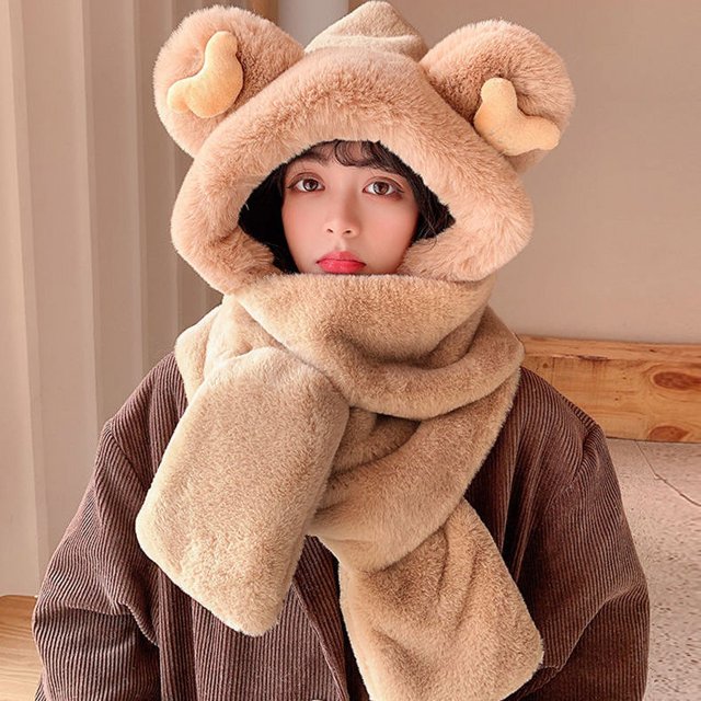 Gorro de oso bufanda integrada para mujer otoño e invierno lindo invierno felpa orejas con capucha cálida con capucha para todo fósforo