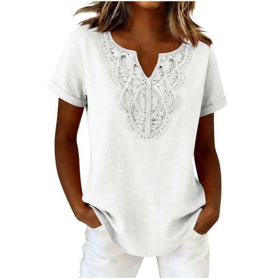 Homenesgenics Tops for Women Plus Size Short Sleeve V-Neck Eyelet Casual Shirt / Tops White XL