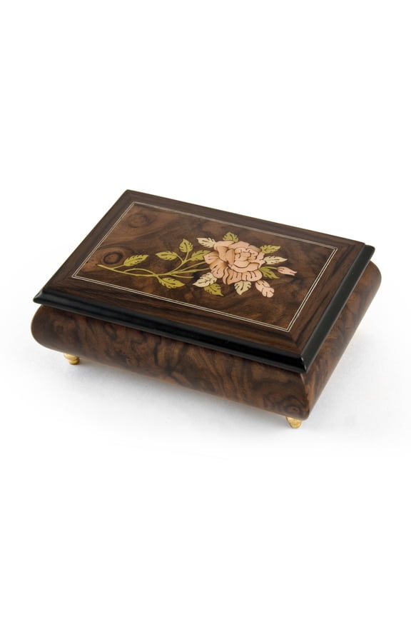 Gorgeous Handmade Burl-Walnut Music Box with Pink Rose Inlay - Scarsborough Fair
