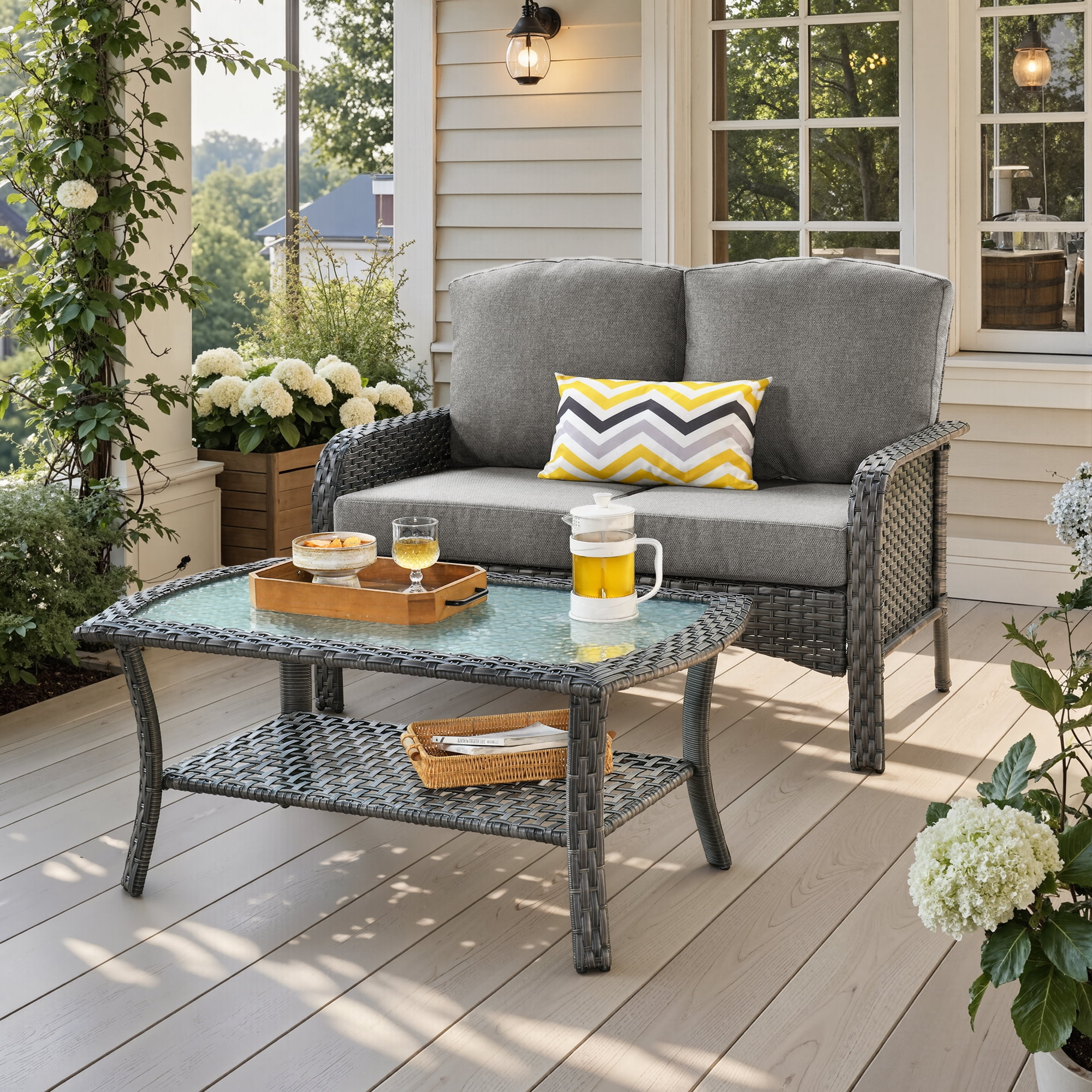 Ovios 2 Pieces Outdoor Patio Furniture High Back Wicker Rattan Outdoor Sectionals Set with Table for Backyard Balcony