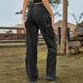 thumbnail image 2 of Defitshape Women's Cargo Jeans Washed Straight Leg Full Length Loose Fit Vintage Fashion Long High Waist Elastic Carpenter Denim Pants Dark Grey Large, 2 of 5
