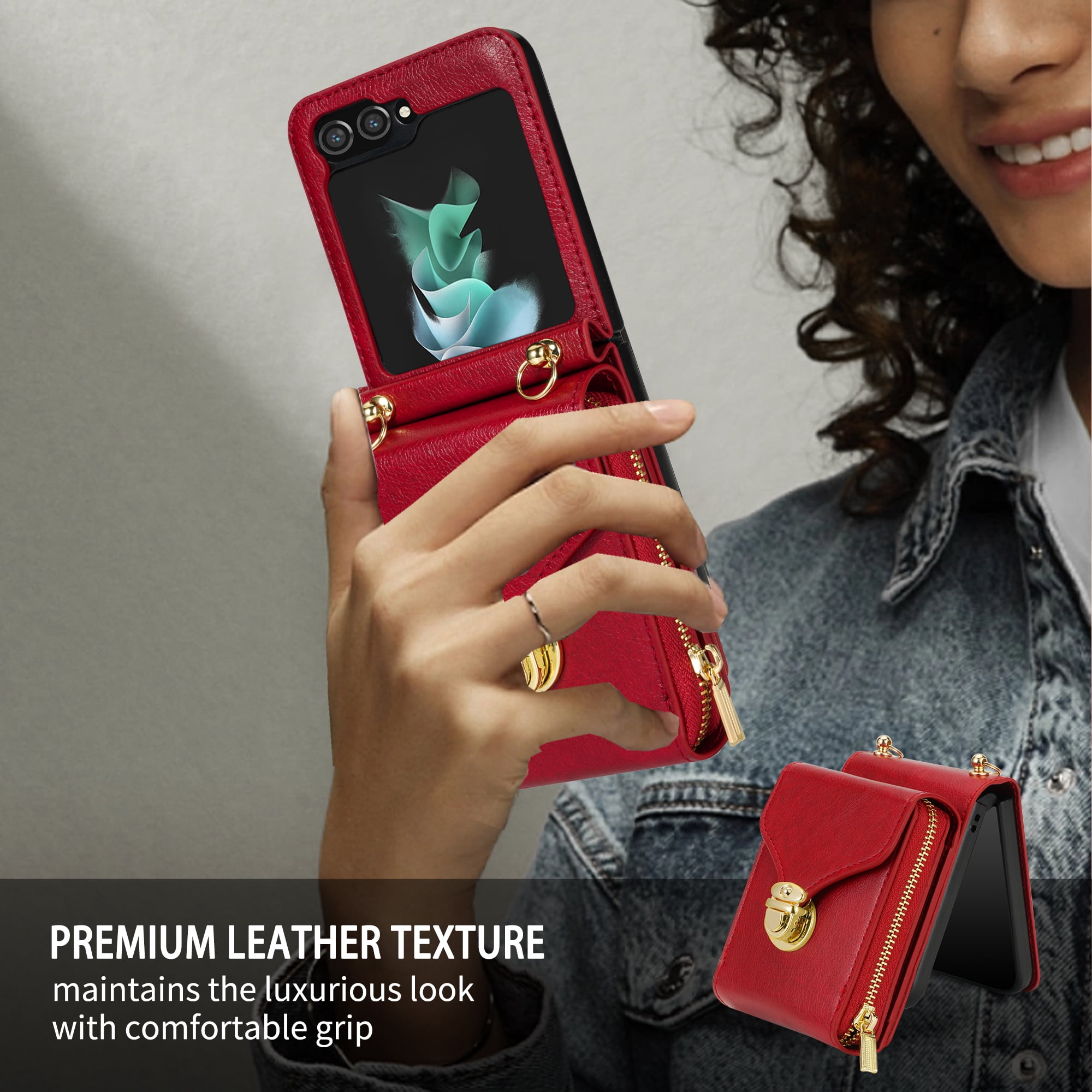 Handbag Wallet Case for Samsung Galaxy Z Flip 6 with Shoulder Strap, with Back Card Slots Holder PU Leather Magnetic Snap Zipper Flip Purse Shockproof Phone Cover for Galaxy Z Flip 6 - Red