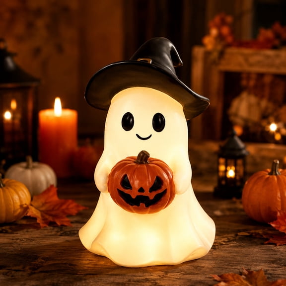 Lighted Halloween Ghost Resin Figurine, Cute Ghost Statue with Witch Hat & Pumpkin Jack‑O‑Lantern, Warm LED Tabletop Decor for Fall Holiday Home Party