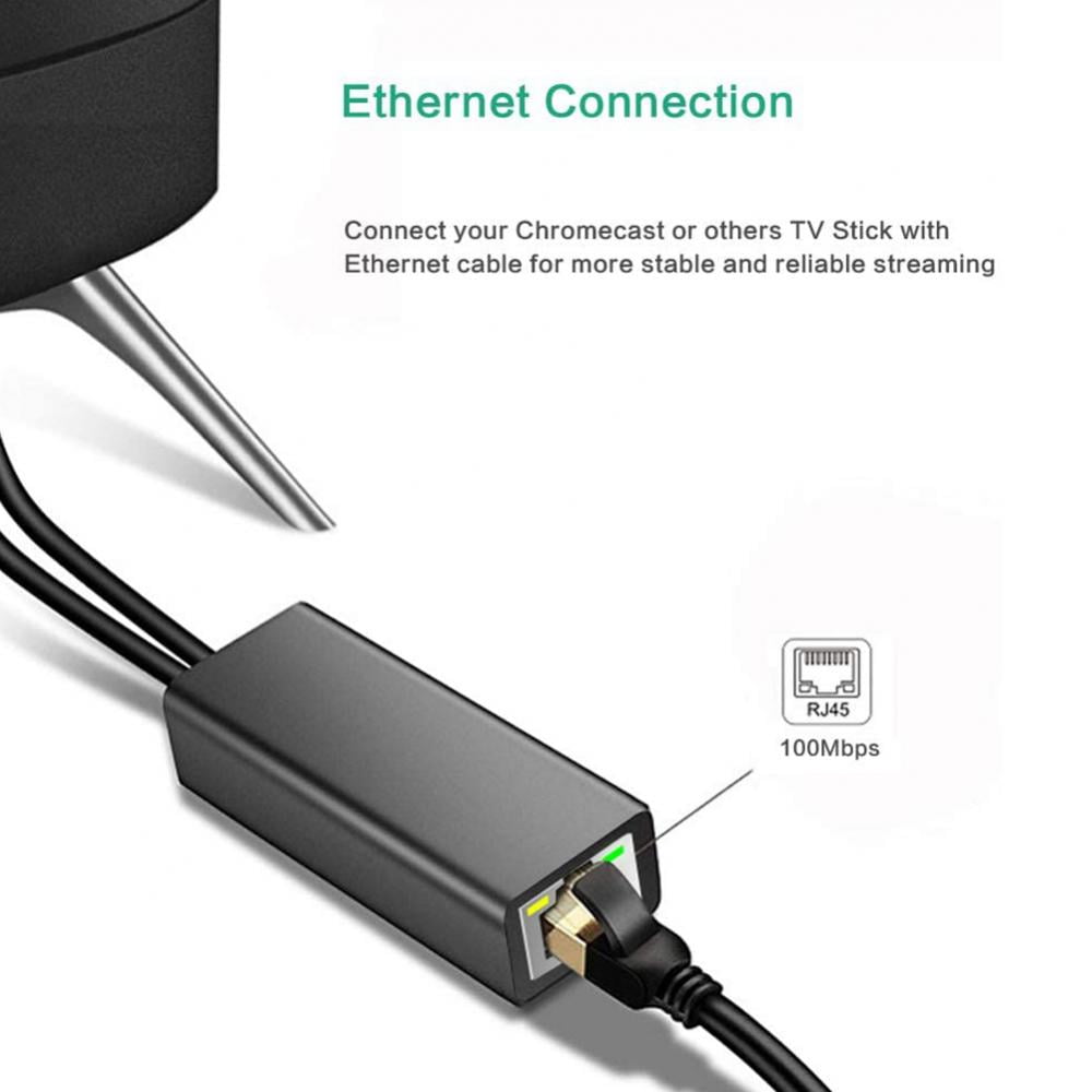 Ethernet Adapter (Black) for Chromecast Ultra/2/1/Audio, Firesticks Media  Streaming Devices, Micro USB to RJ45 Ethernet Adapter with USB Power Supply  Cable 