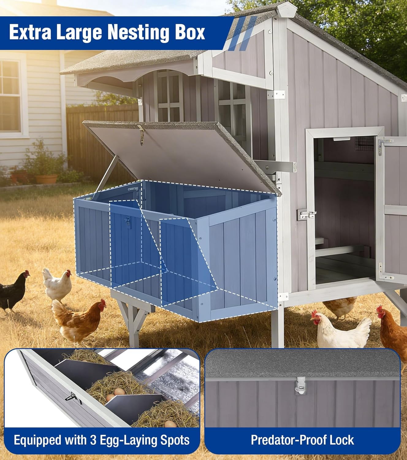 Aivituvin Large Chicken Coop with Wheels for 6-8 Chickens, Large Outdoor Duck Coop Hen House with Weatherproof Asphalt Roof, Nesting Box, Pull-Out Tray, 51.6" L x 41" W x 51.2" H
