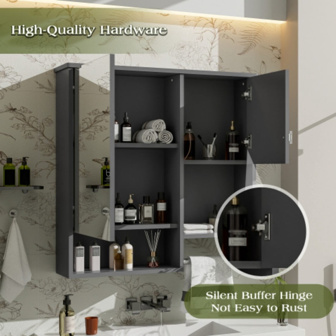 29"x 28" Modern Wall Mounted Bathroom Medicine Cabinet with Mirror, Over The Toilet Storage Cabinet, Adjustable Shelf Bathroom Wall Cabinet with Towel Bar, Gray