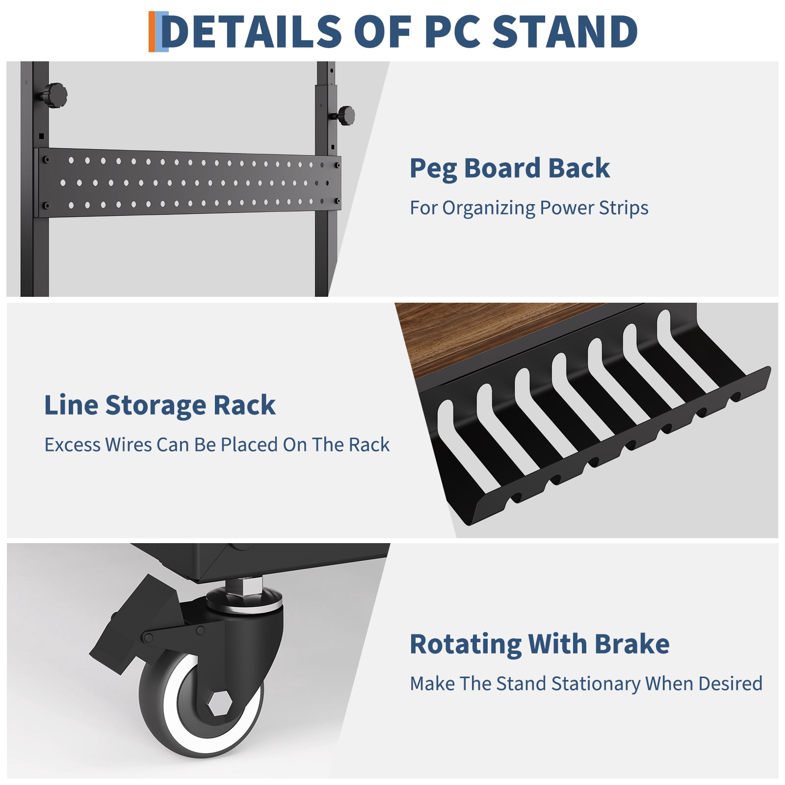 Ataujin Computer Tower Stand with Cable Management Rack, 2-Tier Mobile CPU Holder Cart, Adjustable Rolling PC Stand for Office and Home Use