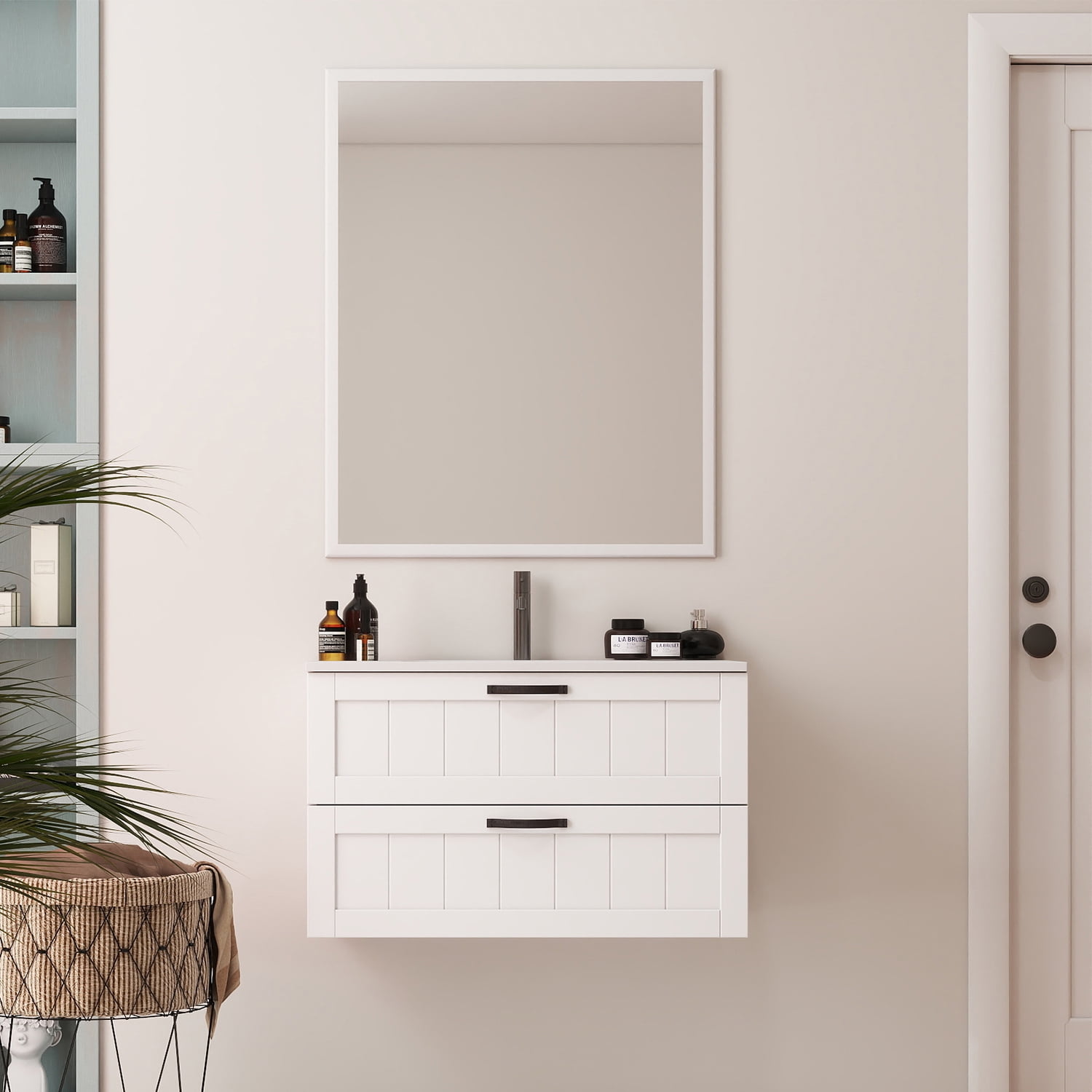 Demi Bonn 31" Wall-Mounted Bathroom Vanity with Decor Line Soft-Close Double Drawer, Basin and Mirror, Faucets and Drains Not Included, White