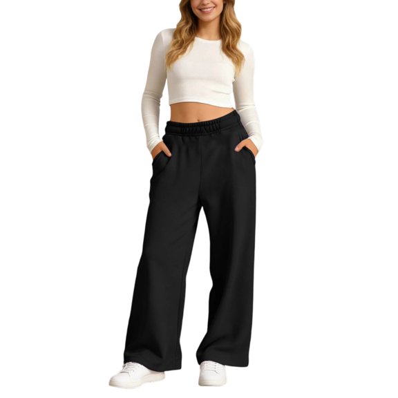 ANINEO Women Casual Pants Elastic Waist Wide Leg Sweatpants With Pockets Comfortable Loose Fit Trousers Solid Color Boho Daily Female Slacks