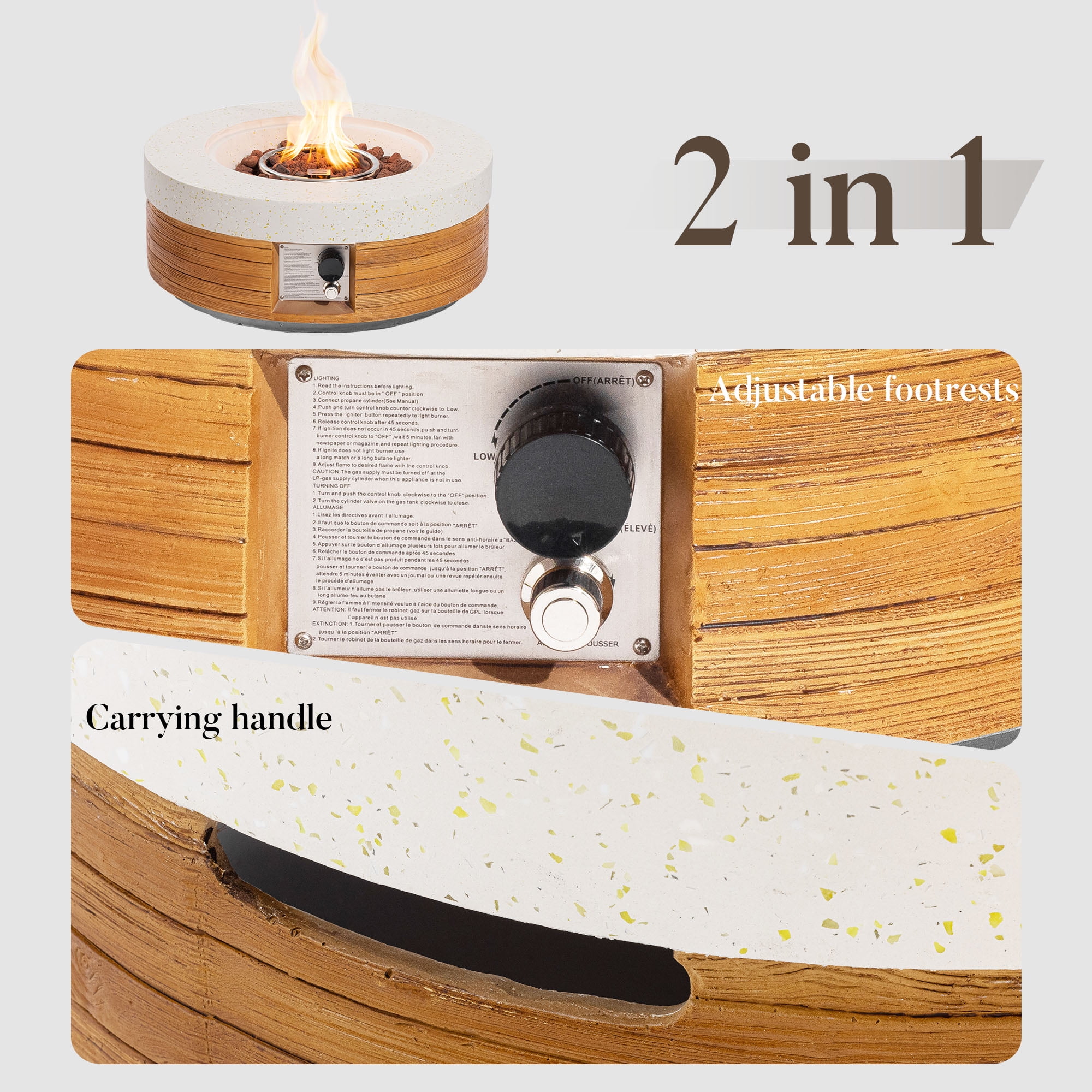 VENTOPYR 28" Round Dual-Texture Concrete Fire Pit Table with Cover & Lava Rocks​​
