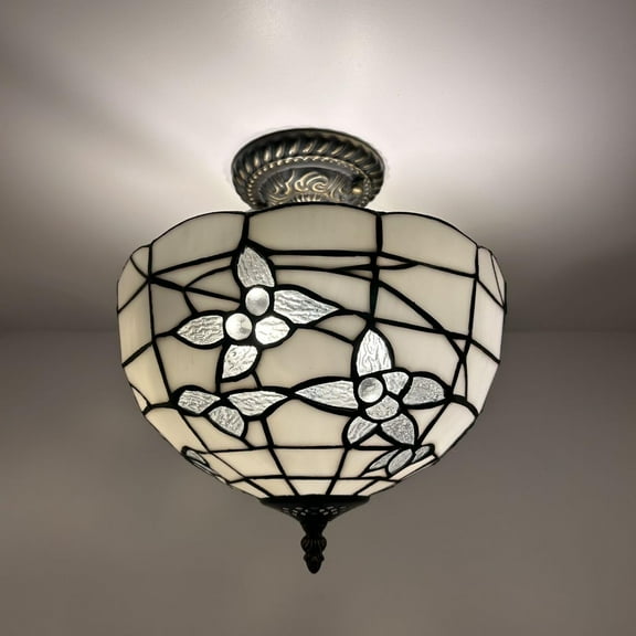 Tiffany Ceiling Lights Fixture White Stained Glass Flowers LED Bulbs Included for Living Room Bedroom 12”W*12”D*12”H
