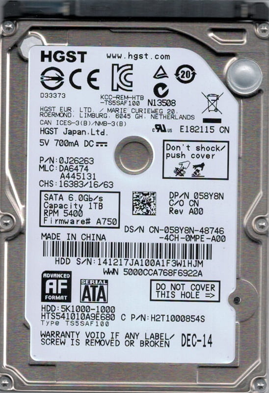 HGST HTS725050A7E630 MLC: DA6605 P/N: 0J43955 500GB [並行輸入品] HGST HTS725050A7E630 P/N: 0J32835 MLC: DA5337 500GB China