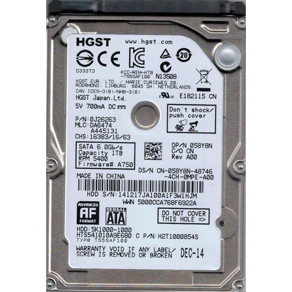 HTS541010A9E680 P/N: 0J26263 MLC: DA6474 HGST 1TB
